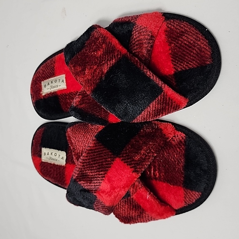 Dakota Fleece‎ Slippers Womens Size M 7-8 Red Black Plaid Slip On Open Toe Shoes